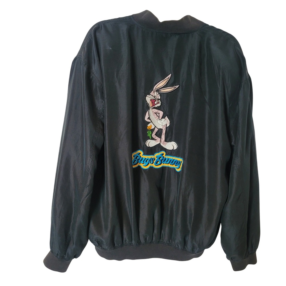 Vintage 1993 Looney Tunes Bugs Bunny Black Silk Bomber Jacket Men Medium M Retro